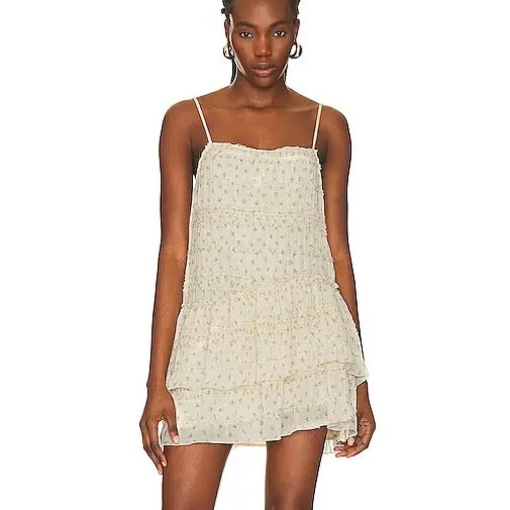 Camila Coelho Waverly mini dress cream floaty floral lace ruffle tiered tank M